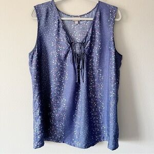 J. Jill 100% Silk Blue Floral Print Sleeveless Blouse Tie Large Petite Whimsical
